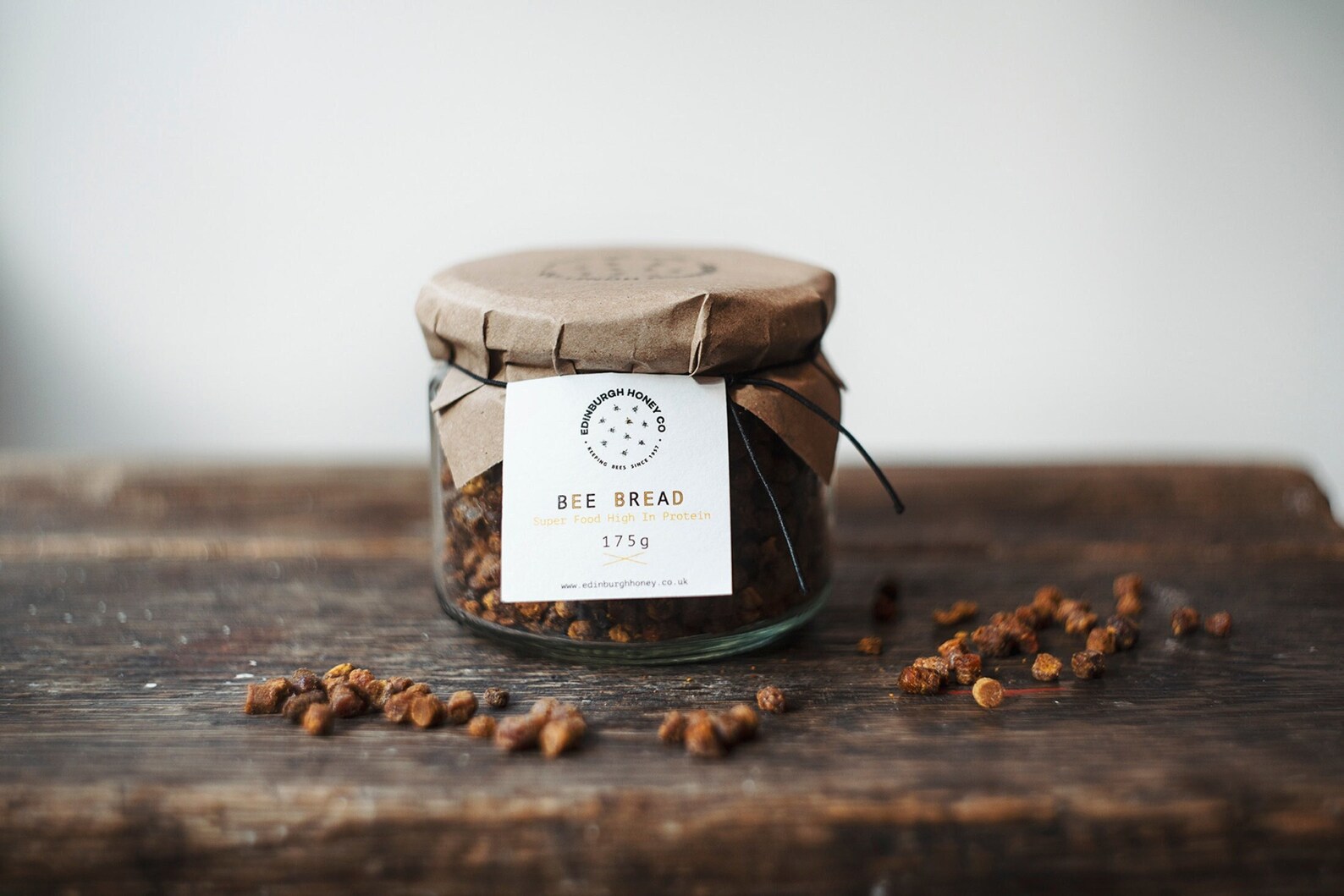 A 175g jar of Edinburgh Honey Co. Bee Bread with a tag showing Super Food High in Protein